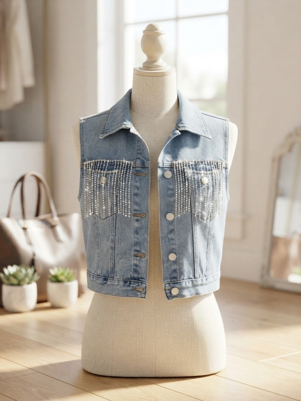 Fashion Nova Rhinestone Fringe Denim Vest Crop Top Small Sparkly Cowgirl Concert